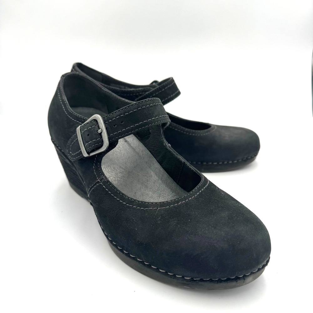 Dansko Fawna Black Nubuck Leather Mary Jane Wedge Heels Size 40 US 9.5-10